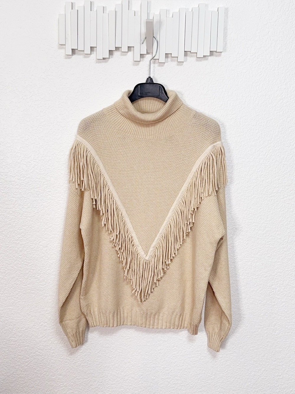 Miss Sparkling Beige Fringe Turtleneck Sweater Western Boho Pullover Knit